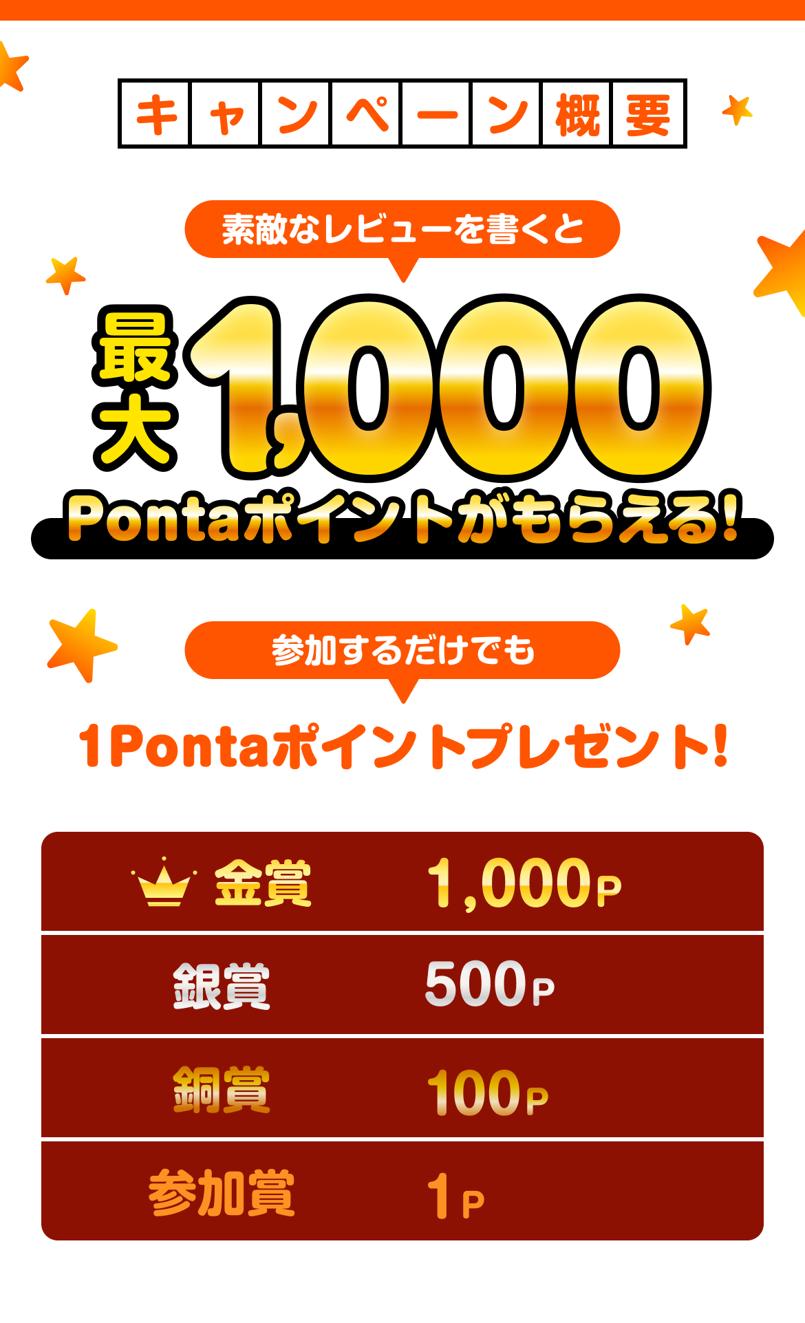 素敵なレビューを書くと最大1,000Pontaポイントがもらえる！参加するだけでも1Pontaポイントプレゼント！本キャンペーンは終了しました